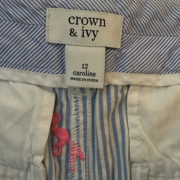 crown & ivy Blue & White Striped Shorts with Pink Flamingo Embroidery size 12 - Picture 3 of 4
